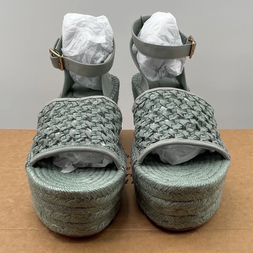 Tory Burch Selby Sage Green Woven Leather Espadrille Wedge Sandals Size 12